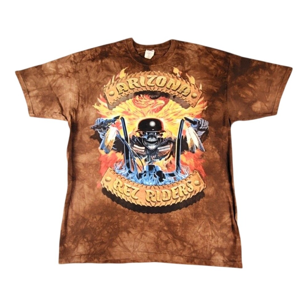 Vintage Y2K Arizona Rez Riders Shirt Mens XL Brown Tie Dye Skull Biker Tee